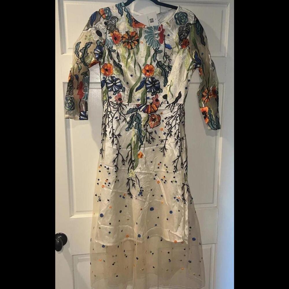 Anthropologie Medium Vicky and Lucas Dress Floral Fit and Flare Embroidered Maxi